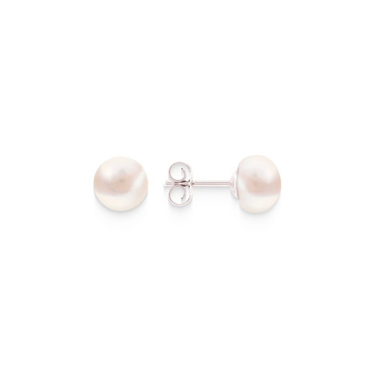 Pearl stud earrings white – 925 silver, button shape